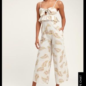 BILLABONG WHITE PALM PRINT TIE-FRONT JUMPSUIT